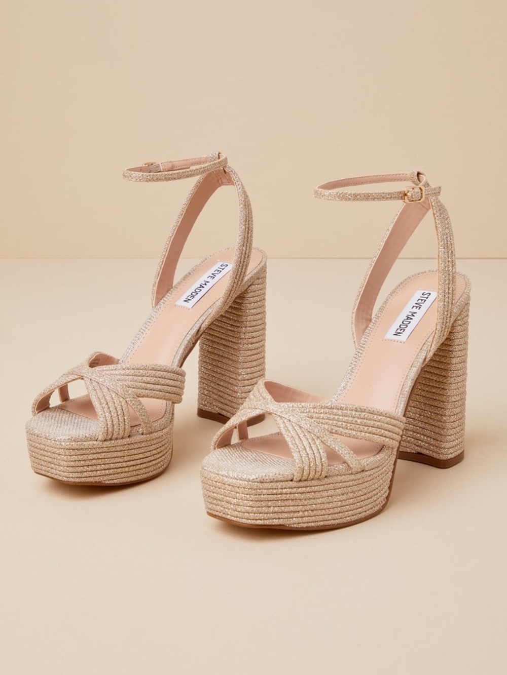 Steve Madden Laurel Gold Glitter Platform Ankle Strap High Heel Sandals
